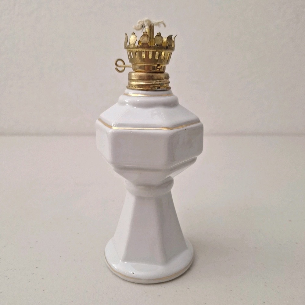 Vintage Small Porcelain Oil Lamp Base SIGNED White with Gold Trim & Brass Top 7"
